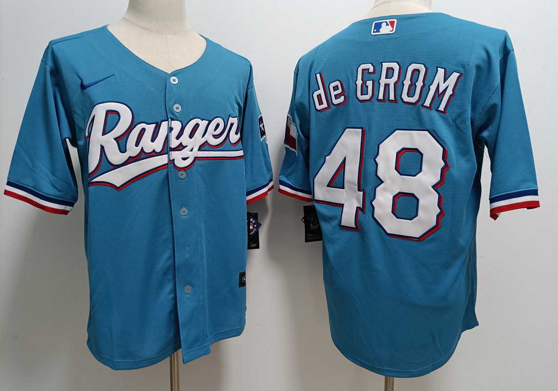 Mens Texas Rangers #48 Jacob deGrom Light Blue With Patch Cool Base Stitched Baseball Jersey